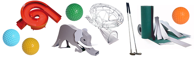 Golf clubs, balls, obstacles and repair material.